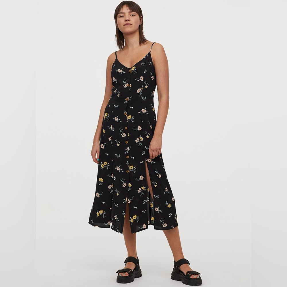 H&M Button Front Black Floral Midi Dress - Picture 8 of 9